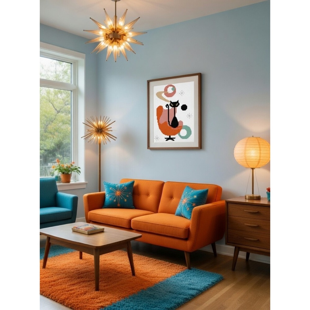 Atomic Black Cat Mid Century Art Counted Cross Stitch Pattern Leaflet Chart - Picture 2 of 6